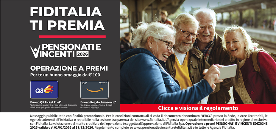 Agenzia Alfa Service s.r.l. Fiditalia | Roma, Guidonia Montecelio, ROMA | Fiditalia ti premia - Vicni un omaggio da €100. Operazione a premi. Clicca e visiona il regolamento. Operazione a premi PENSIONATI E VINCENTI 2025 valida dal 01/01/2025 al 31/12/2025. Regolamento completo www.pensionatievincenti.retefiditalia.it