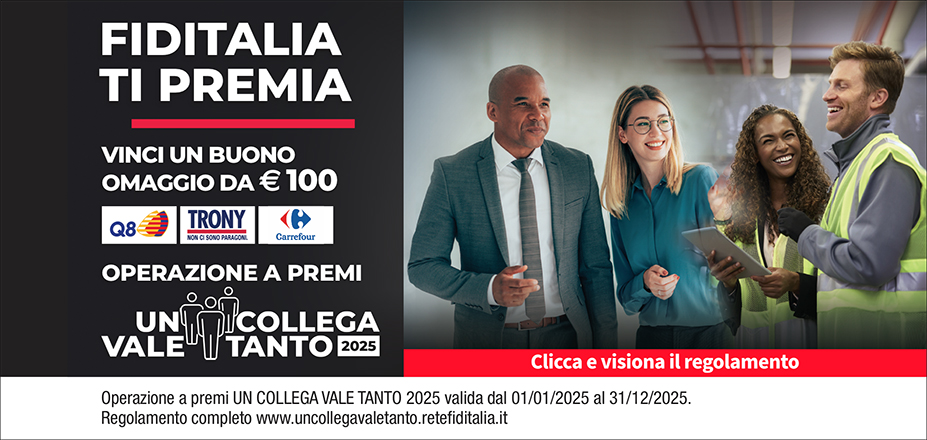 Agenzia Alfa Service s.r.l. Fiditalia | Roma, Guidonia Montecelio, ROMA | Fiditalia ti premia - Vinci un buono omaggio da €100. Operazione a premi. Clicca e visiona il regolamento. Operazione a premi UN COLLEGA VALE TANTO 2025 valida dal 01/01/2025 al 31/12/2025. Regolamento completo www.uncollegavaletanto.retefiditalia.it