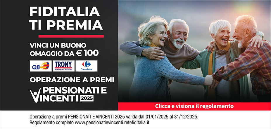 Agenzia Alfa Service s.r.l. Fiditalia | Roma, Guidonia Montecelio, ROMA | Fiditalia ti premia - Vicni un omaggio da €100. Operazione a premi. Clicca e visiona il regolamento. Operazione a premi PENSIONATI E VINCENTI 2025 valida dal 01/01/2025 al 31/12/2025. Regolamento completo www.pensionatievincenti.retefiditalia.it